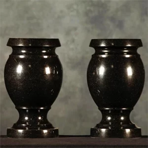 Black Granite Stone Memorial Vase With Flower Carving For Cemetery Graves