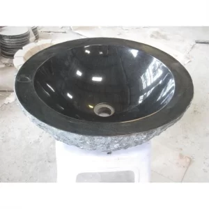 Rough Exterior And Polished Interior Round Black Granite Stone Vessel Sink